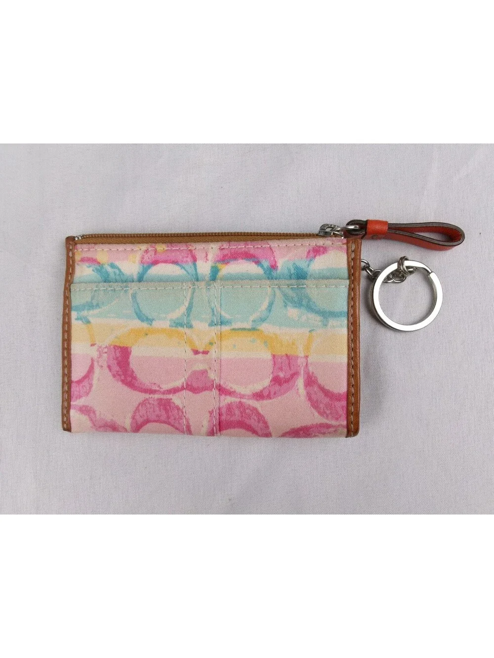 Authentic Coach Mini Skinny Coin Purse Card Case Key Ring Multicolor Signature